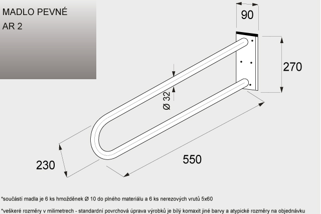 AR  2 madlo 55 cm pevné k WC   560 x 270 x 110 mm