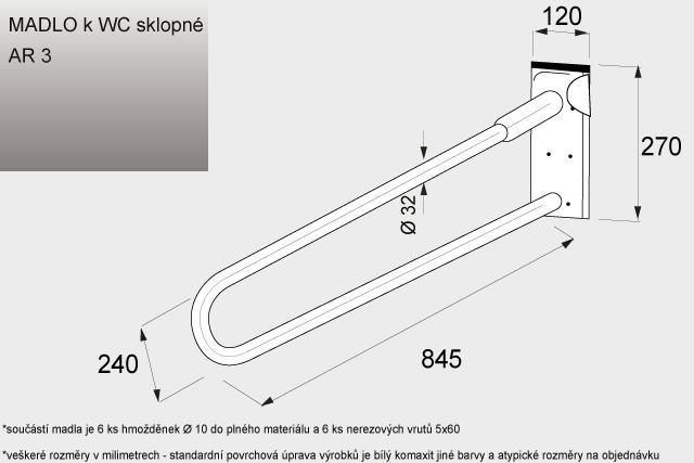 AR  3 madlo k WC sklopné   845 x 270 x 110 mm