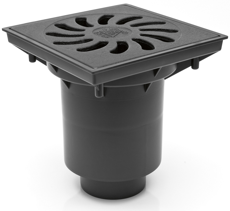 Vpust  CH kanalizační 245 x 245 DN 110/160 spodní mřížka litina + klapka